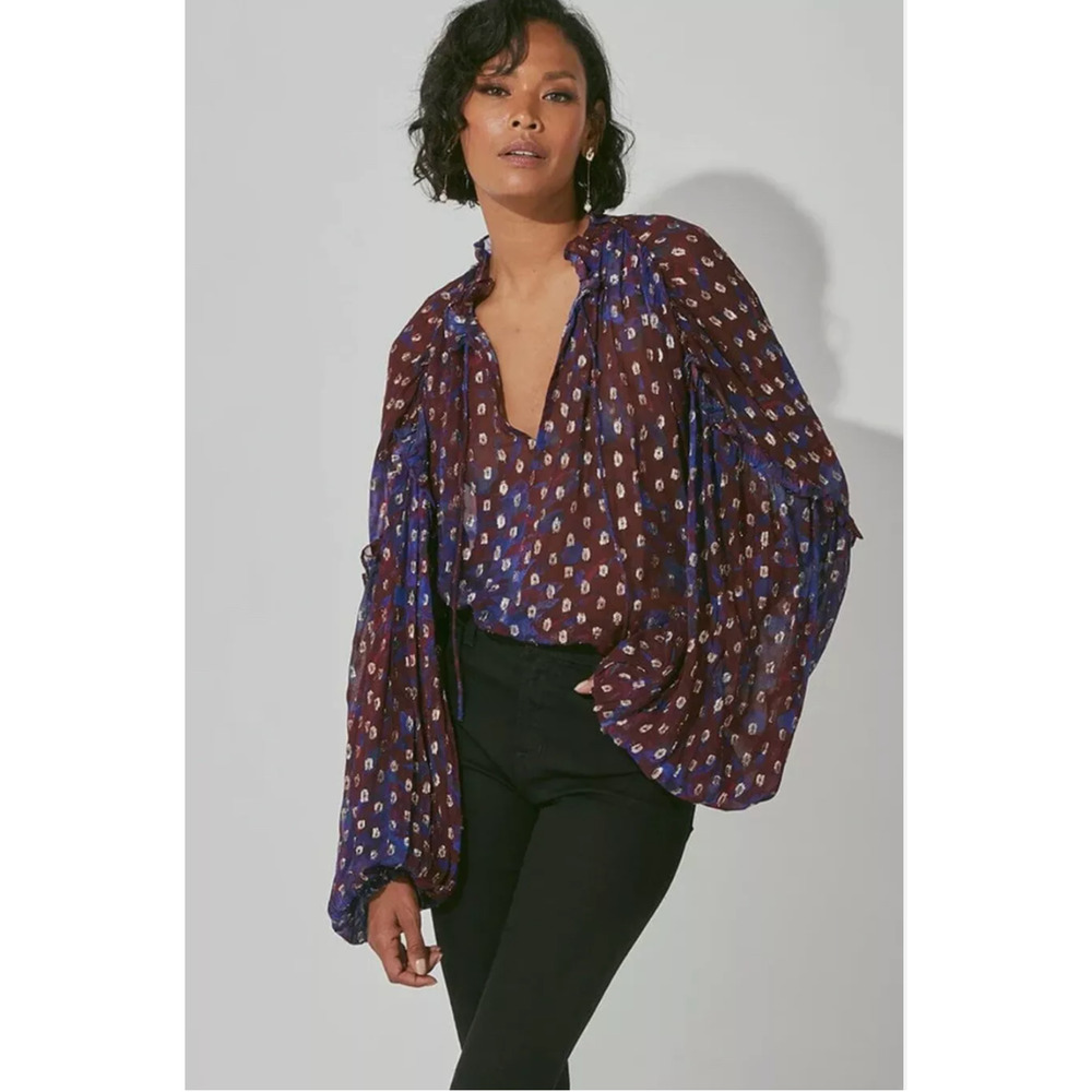 CLEOBELLA NWT Evereve Dara Metallic Shimmer Dot Puff Sleeve Blouse // S - Picture 3 of 13
